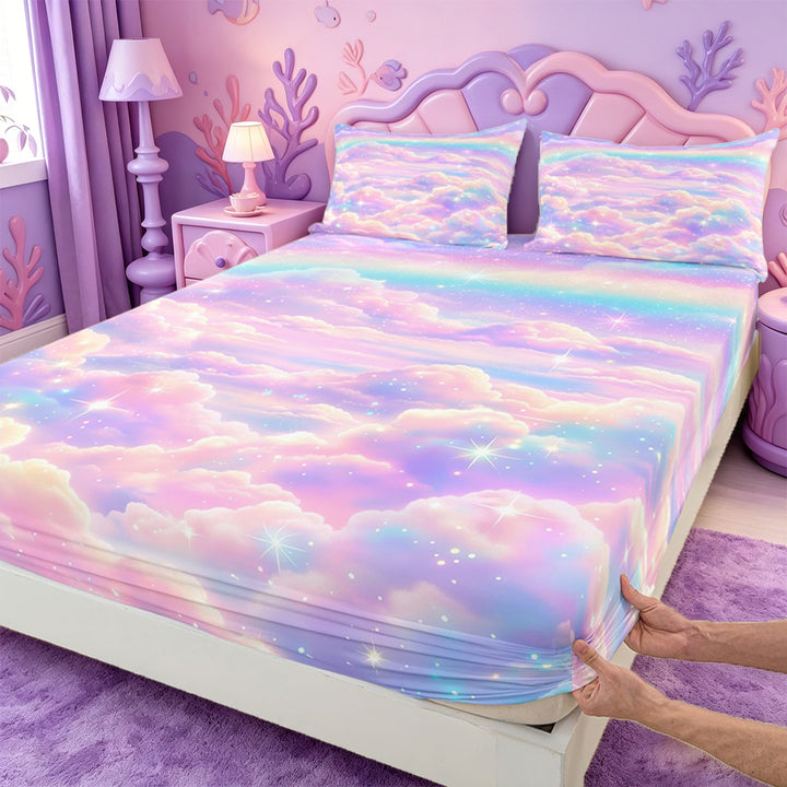 meiyoeat Pastel Cloud Star Bed Sheets,Colorful Rainbow Pattern Full Size Sheets For Girl,4pcs,1 Flat Sheet,1 Fitted Sheet and 2 Pillowcases