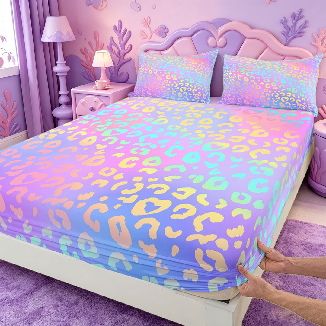 meiyoeat Pastel Rainbow Leopard Print Bed Sheets,Colorful Animal Pattern Full Size Sheets For Girl,4-Piece,1 Flat Sheet,1 Fitted Sheet and 2 Pillowcases
