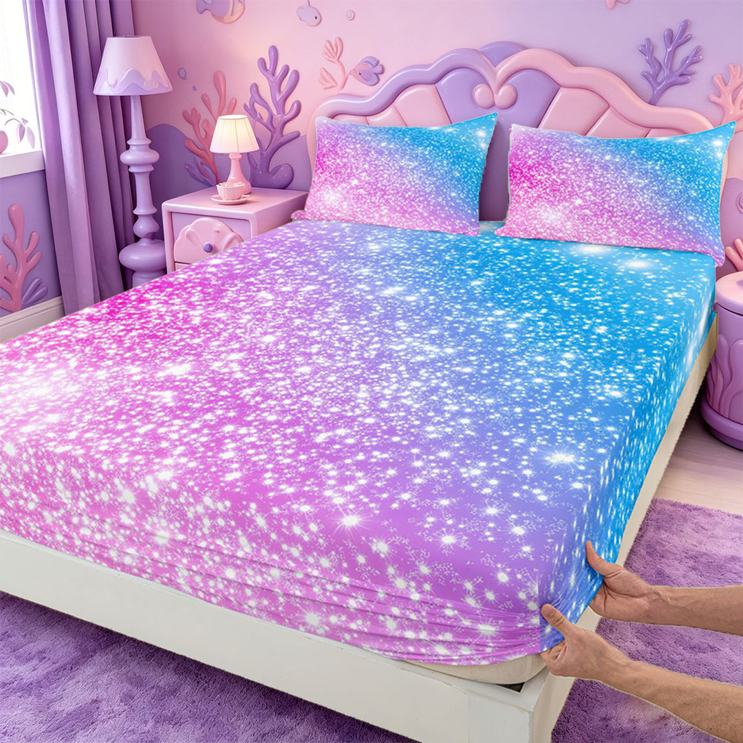 meiyoeat Blue Pink Glitter Print Bed Sheets,Abstract Galaxy Starry Sky Full Size Sheets For Girl,4-Piece,1 Flat Sheet,1 Fitted Sheet and 2 Pillowcases
