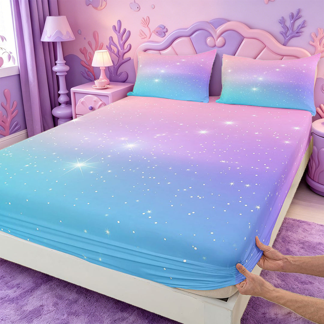 meiyoeat Pastel Star Pattern Bed Sheets,Dreamy Print Full Size Sheets For Girl,4pcs,1 Flat Sheet,1 Fitted Sheet and 2 Pillowcases
