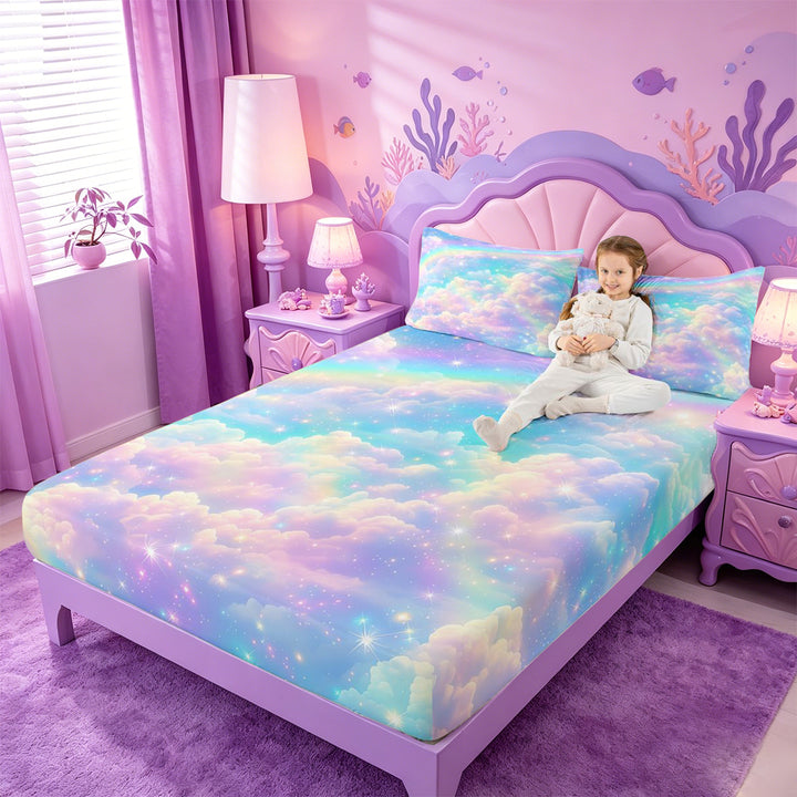meiyoeat Rainbow Cloud Star Galaxy Bed Sheets,Dreamy Sky Pattern Full Size Sheets For Girl,4 Pieces,1 Flat Sheet,1 Fitted Sheet and 2 Pillowcases