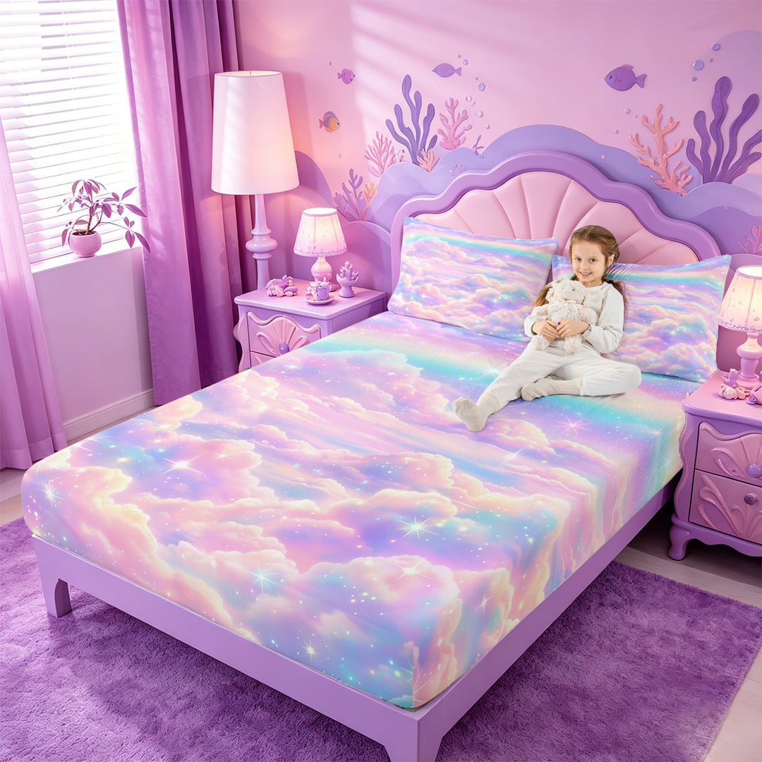 meiyoeat Pastel Cloud Star Bed Sheets,Colorful Rainbow Pattern Full Size Sheets For Girl,4pcs,1 Flat Sheet,1 Fitted Sheet and 2 Pillowcases