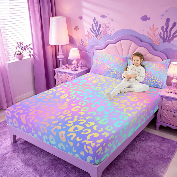 meiyoeat Pastel Rainbow Leopard Print Bed Sheets,Colorful Animal Pattern Full Size Sheets For Girl,4-Piece,1 Flat Sheet,1 Fitted Sheet and 2 Pillowcases