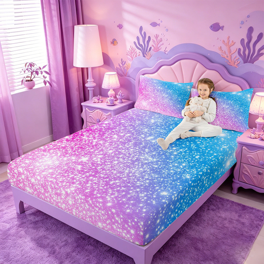 meiyoeat Blue Pink Glitter Print Bed Sheets,Abstract Galaxy Starry Sky Full Size Sheets For Girl,4-Piece,1 Flat Sheet,1 Fitted Sheet and 2 Pillowcases