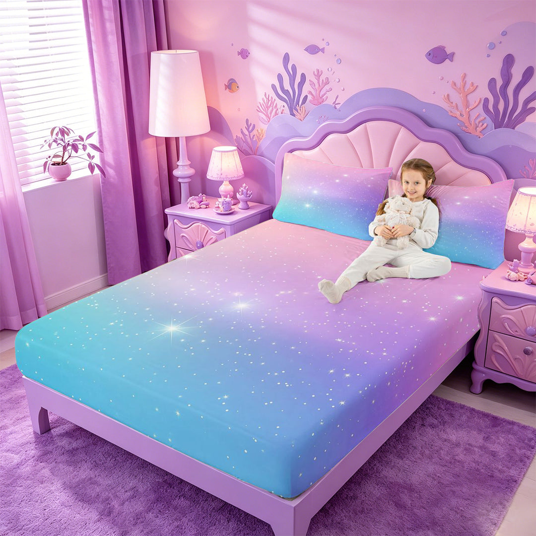 meiyoeat Pastel Star Pattern Bed Sheets,Dreamy Print Full Size Sheets For Girl,4pcs,1 Flat Sheet,1 Fitted Sheet and 2 Pillowcases