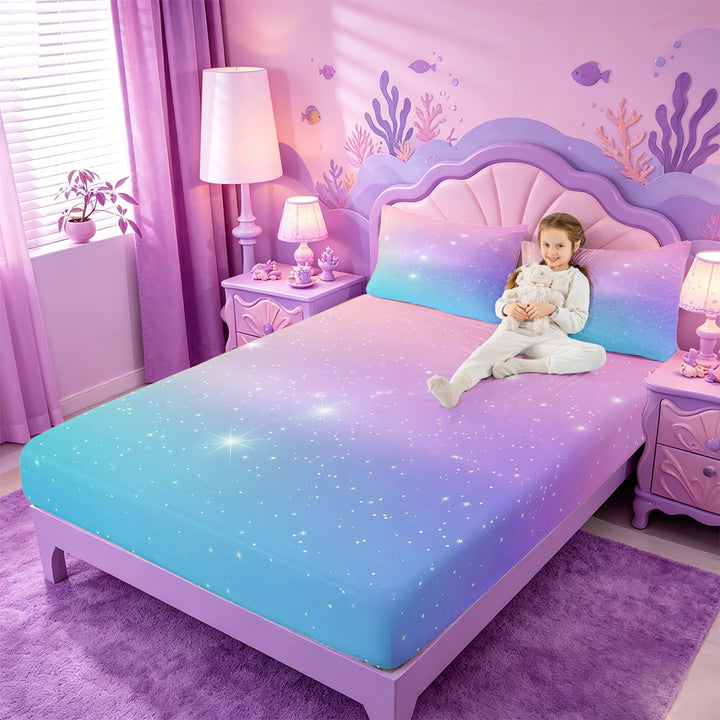 meiyoeat Pastel Star Pattern Bed Sheets,Dreamy Print Full Size Sheets For Girl,4pcs,1 Flat Sheet,1 Fitted Sheet and 2 Pillowcases