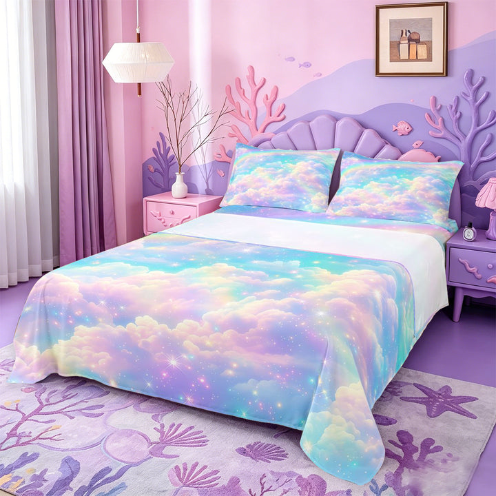 meiyoeat Rainbow Cloud Star Galaxy Bed Sheets,Dreamy Sky Pattern Full Size Sheets For Girl,4 Pieces,1 Flat Sheet,1 Fitted Sheet and 2 Pillowcases