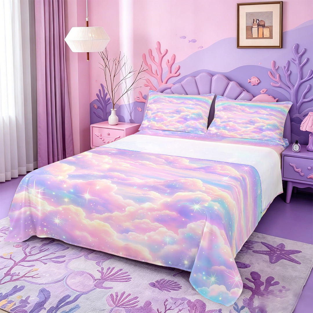 meiyoeat Pastel Cloud Star Bed Sheets,Colorful Rainbow Pattern Full Size Sheets For Girl,4pcs,1 Flat Sheet,1 Fitted Sheet and 2 Pillowcases