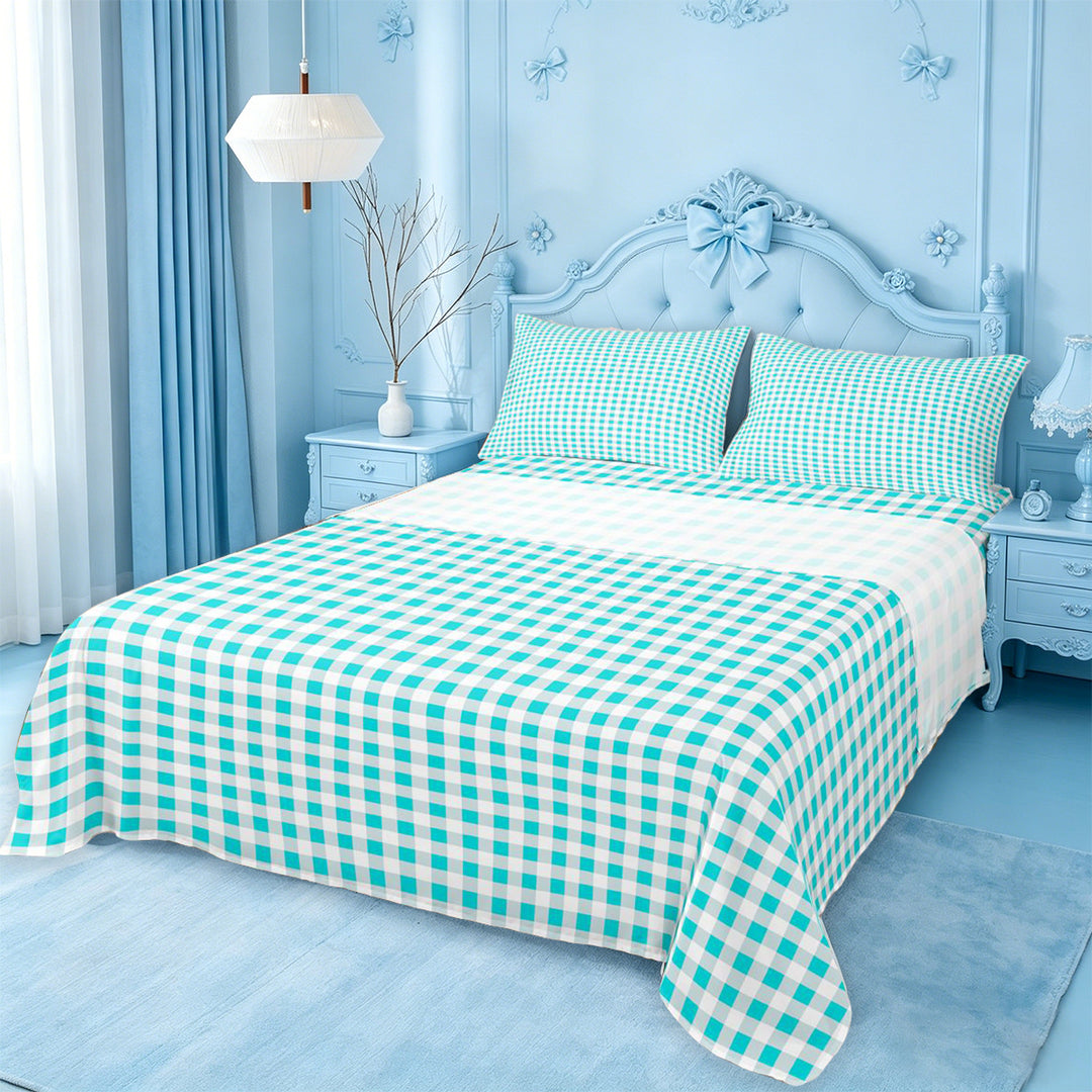 meiyoeat Geometric Plaid Bed Sheets For Kids,Blue Classic Checkered Full Size Sheets For Boys,4 Pieces