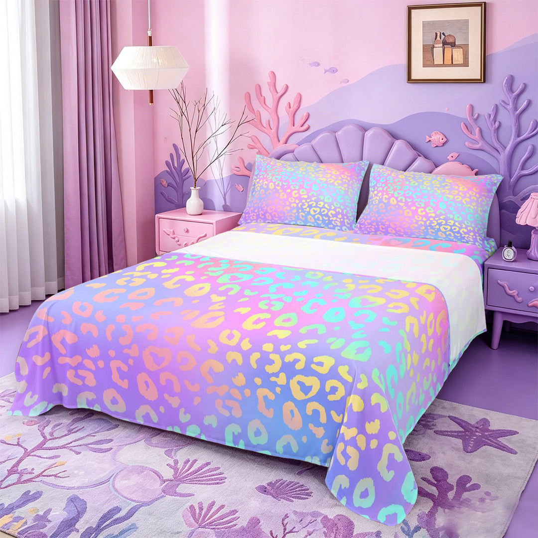 meiyoeat Pastel Rainbow Leopard Print Bed Sheets,Colorful Animal Pattern Full Size Sheets For Girl,4-Piece,1 Flat Sheet,1 Fitted Sheet and 2 Pillowcases