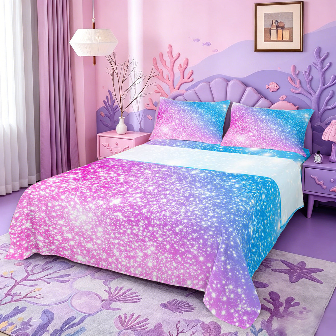 meiyoeat Blue Pink Glitter Print Bed Sheets,Abstract Galaxy Starry Sky Full Size Sheets For Girl,4-Piece,1 Flat Sheet,1 Fitted Sheet and 2 Pillowcases