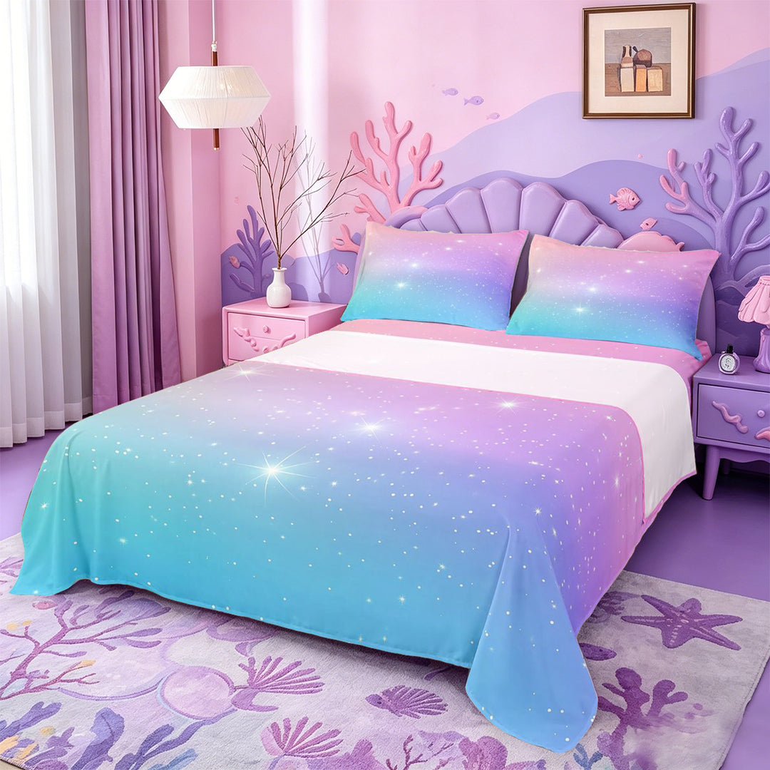meiyoeat Pastel Star Pattern Bed Sheets,Dreamy Print Full Size Sheets For Girl,4pcs,1 Flat Sheet,1 Fitted Sheet and 2 Pillowcases