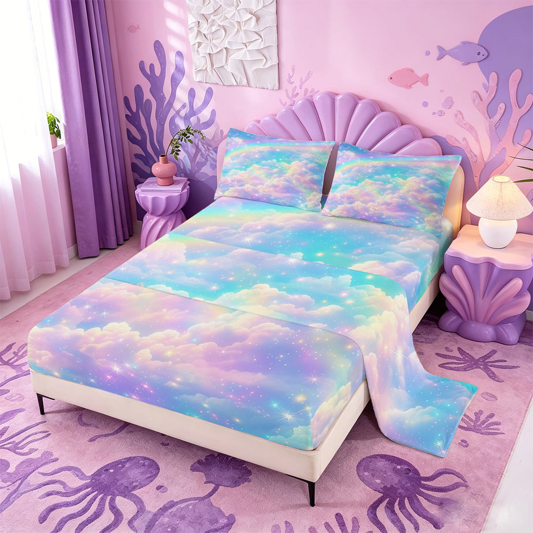 meiyoeat Rainbow Cloud Star Galaxy Bed Sheets,Dreamy Sky Pattern Full Size Sheets For Girl,4 Pieces,1 Flat Sheet,1 Fitted Sheet and 2 Pillowcases