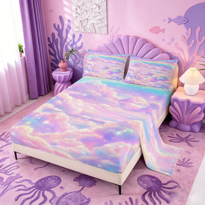 meiyoeat Pastel Cloud Star Bed Sheets,Colorful Rainbow Pattern Full Size Sheets For Girl,4pcs,1 Flat Sheet,1 Fitted Sheet and 2 Pillowcases