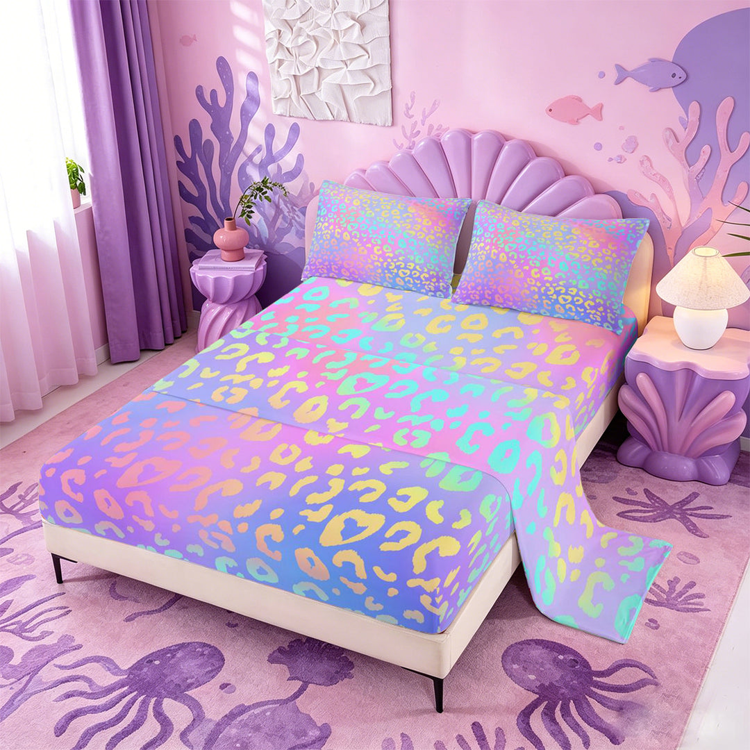 meiyoeat Pastel Rainbow Leopard Print Bed Sheets,Colorful Animal Pattern Full Size Sheets For Girl,4-Piece,1 Flat Sheet,1 Fitted Sheet and 2 Pillowcases