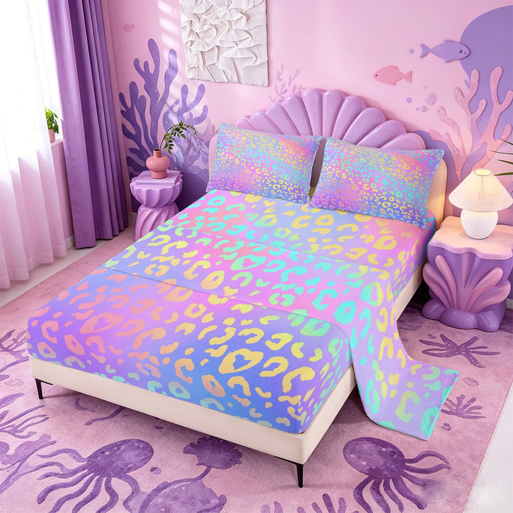 meiyoeat Pastel Rainbow Leopard Print Bed Sheets,Colorful Animal Pattern Full Size Sheets For Girl,4-Piece,1 Flat Sheet,1 Fitted Sheet and 2 Pillowcases