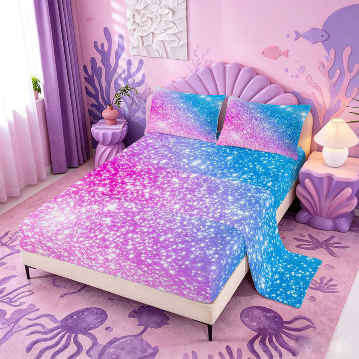 meiyoeat Blue Pink Glitter Print Bed Sheets,Abstract Galaxy Starry Sky Full Size Sheets For Girl,4-Piece,1 Flat Sheet,1 Fitted Sheet and 2 Pillowcases