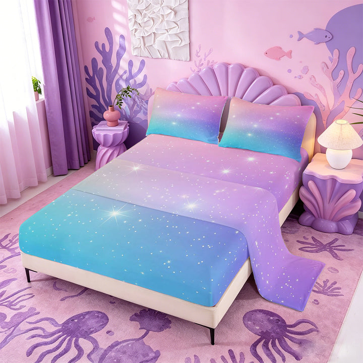 meiyoeat Pastel Star Pattern Bed Sheets,Dreamy Print Full Size Sheets For Girl,4pcs,1 Flat Sheet,1 Fitted Sheet and 2 Pillowcases