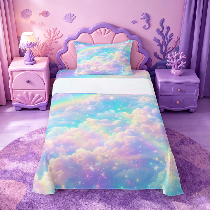 meiyoeat Rainbow Cloud Star Galaxy Bed Sheets,Dreamy Sky Pattern Full Size Sheets For Girl,4 Pieces,1 Flat Sheet,1 Fitted Sheet and 2 Pillowcases