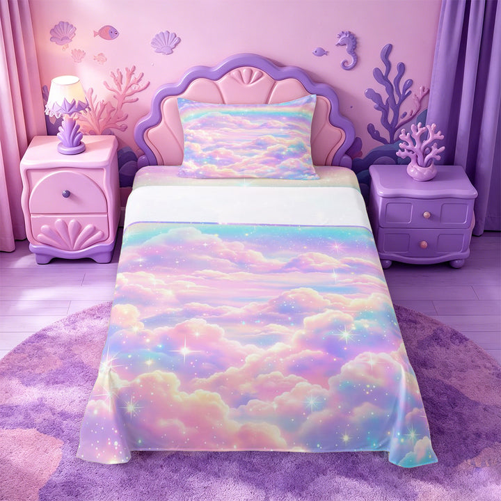 meiyoeat Pastel Cloud Star Bed Sheets,Colorful Rainbow Pattern Full Size Sheets For Girl,4pcs,1 Flat Sheet,1 Fitted Sheet and 2 Pillowcases