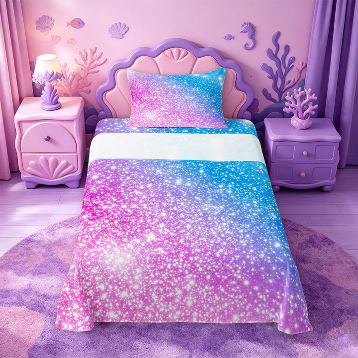 meiyoeat Blue Pink Glitter Print Bed Sheets,Abstract Galaxy Starry Sky Full Size Sheets For Girl,4-Piece,1 Flat Sheet,1 Fitted Sheet and 2 Pillowcases