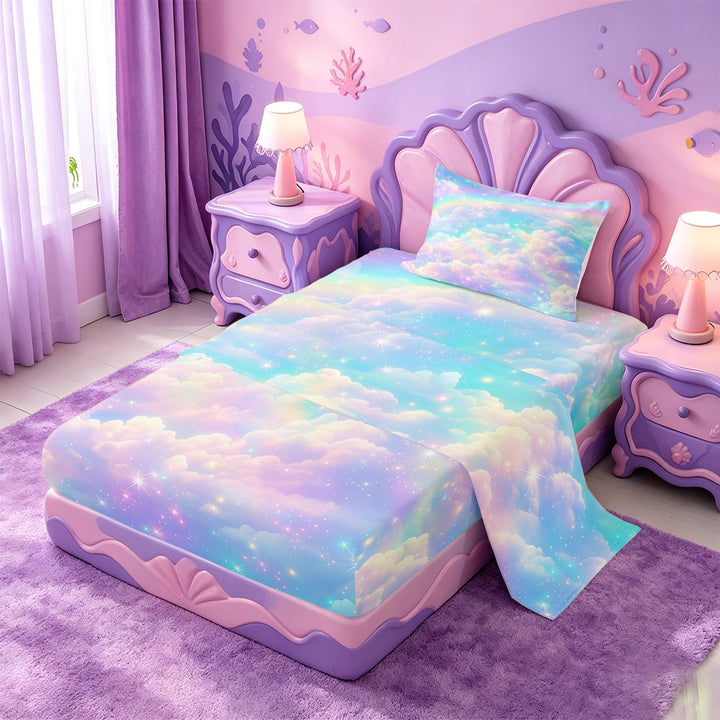 meiyoeat Rainbow Cloud Star Galaxy Bed Sheets,Dreamy Sky Pattern Full Size Sheets For Girl,4 Pieces,1 Flat Sheet,1 Fitted Sheet and 2 Pillowcases