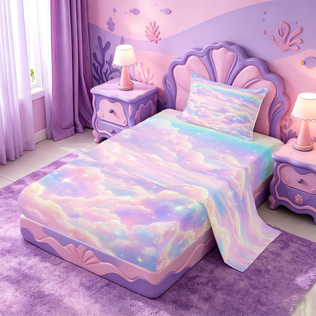 meiyoeat Pastel Cloud Star Bed Sheets,Colorful Rainbow Pattern Full Size Sheets For Girl,4pcs,1 Flat Sheet,1 Fitted Sheet and 2 Pillowcases