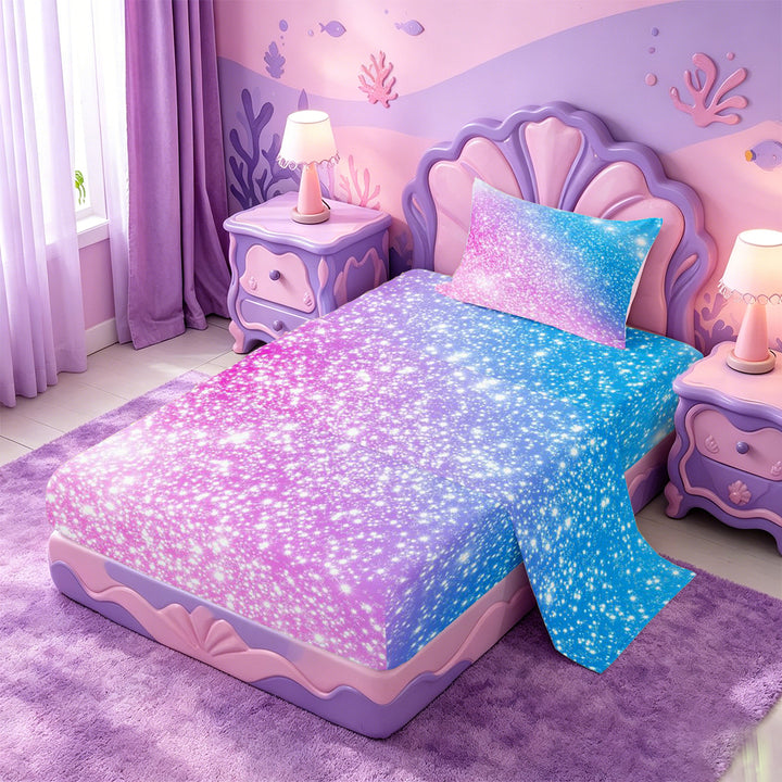 meiyoeat Blue Pink Glitter Print Bed Sheets,Abstract Galaxy Starry Sky Full Size Sheets For Girl,4-Piece,1 Flat Sheet,1 Fitted Sheet and 2 Pillowcases