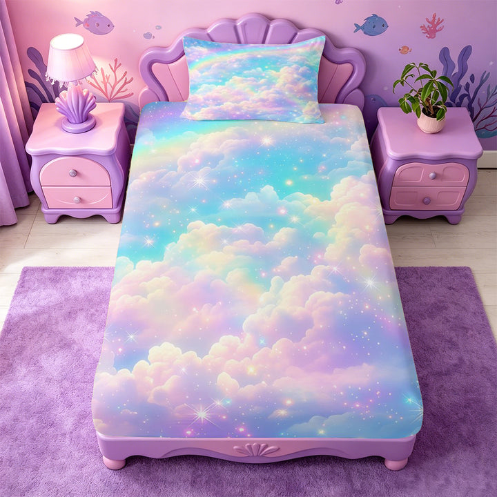 meiyoeat Rainbow Cloud Star Galaxy Bed Sheets,Dreamy Sky Pattern Full Size Sheets For Girl,4 Pieces,1 Flat Sheet,1 Fitted Sheet and 2 Pillowcases
