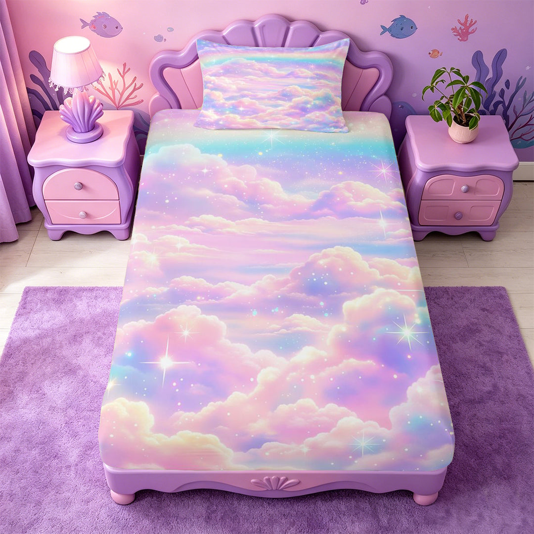 meiyoeat Pastel Cloud Star Bed Sheets,Colorful Rainbow Pattern Full Size Sheets For Girl,4pcs,1 Flat Sheet,1 Fitted Sheet and 2 Pillowcases