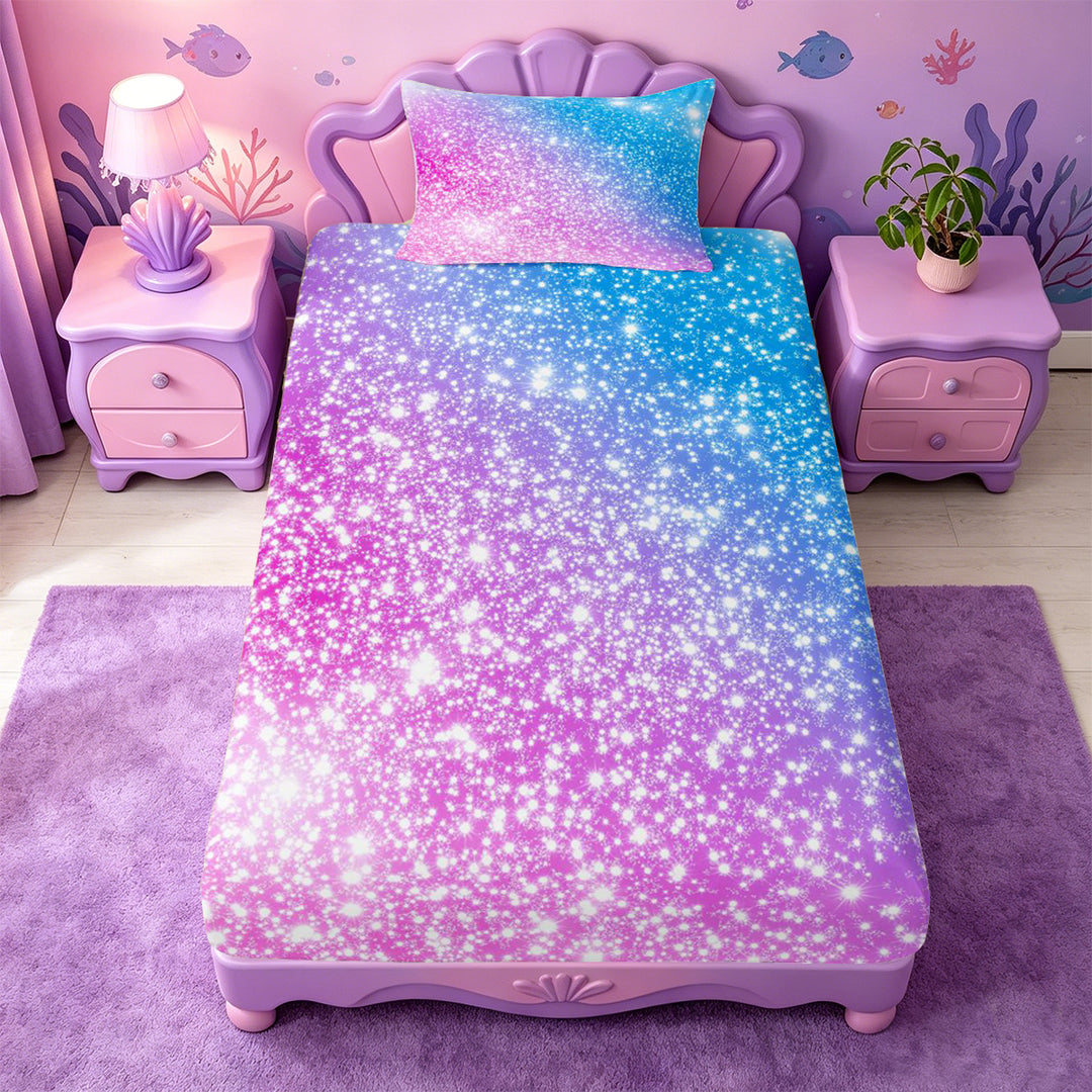 meiyoeat Blue Pink Glitter Print Bed Sheets,Abstract Galaxy Starry Sky Full Size Sheets For Girl,4-Piece,1 Flat Sheet,1 Fitted Sheet and 2 Pillowcases