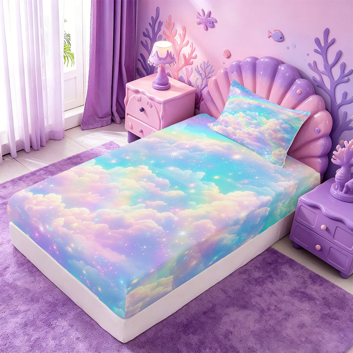meiyoeat Rainbow Cloud Star Galaxy Bed Sheets,Dreamy Sky Pattern Full Size Sheets For Girl,4 Pieces,1 Flat Sheet,1 Fitted Sheet and 2 Pillowcases