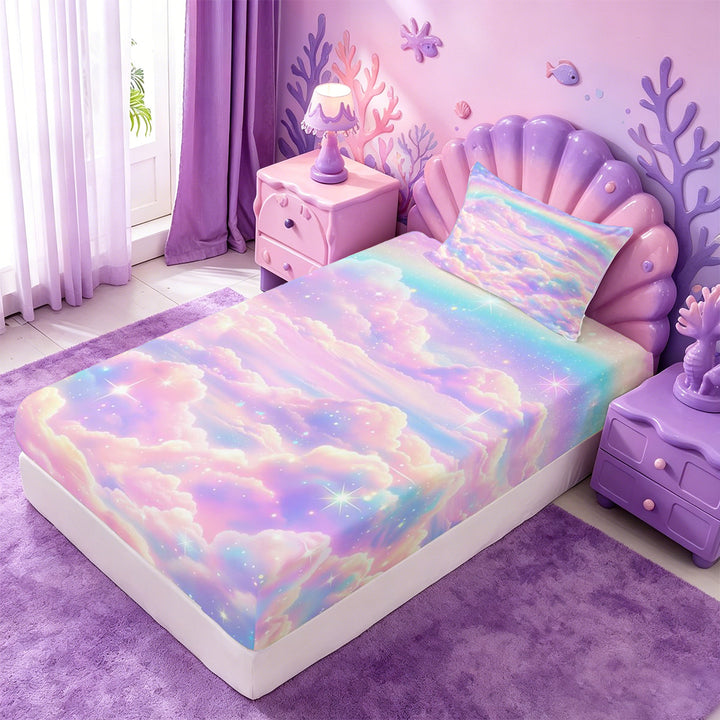 meiyoeat Pastel Cloud Star Bed Sheets,Colorful Rainbow Pattern Full Size Sheets For Girl,4pcs,1 Flat Sheet,1 Fitted Sheet and 2 Pillowcases