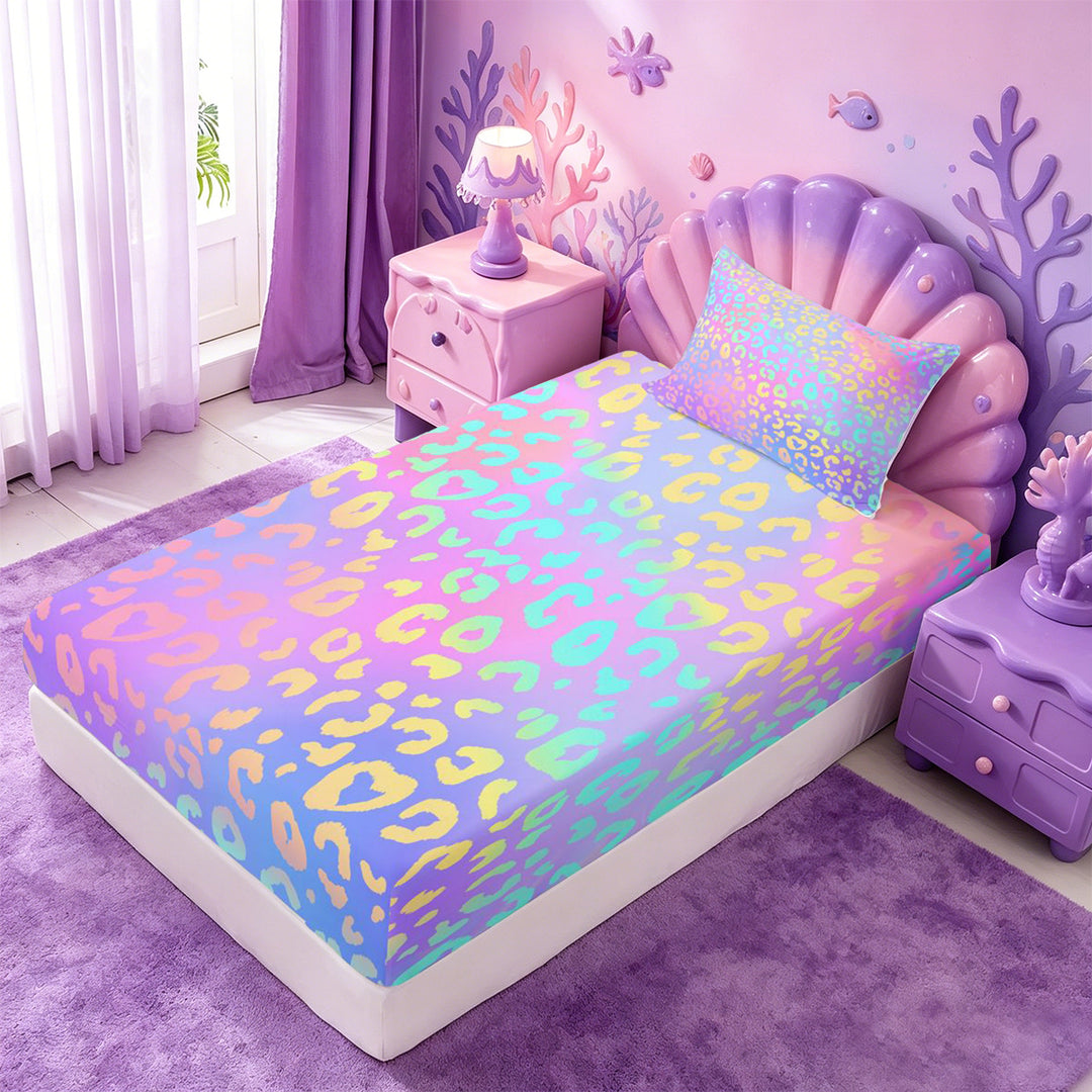 meiyoeat Pastel Rainbow Leopard Print Bed Sheets,Colorful Animal Pattern Full Size Sheets For Girl,4-Piece,1 Flat Sheet,1 Fitted Sheet and 2 Pillowcases