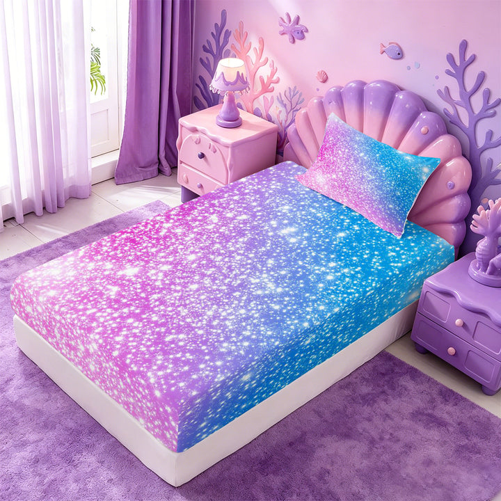 meiyoeat Blue Pink Glitter Print Bed Sheets,Abstract Galaxy Starry Sky Full Size Sheets For Girl,4-Piece,1 Flat Sheet,1 Fitted Sheet and 2 Pillowcases