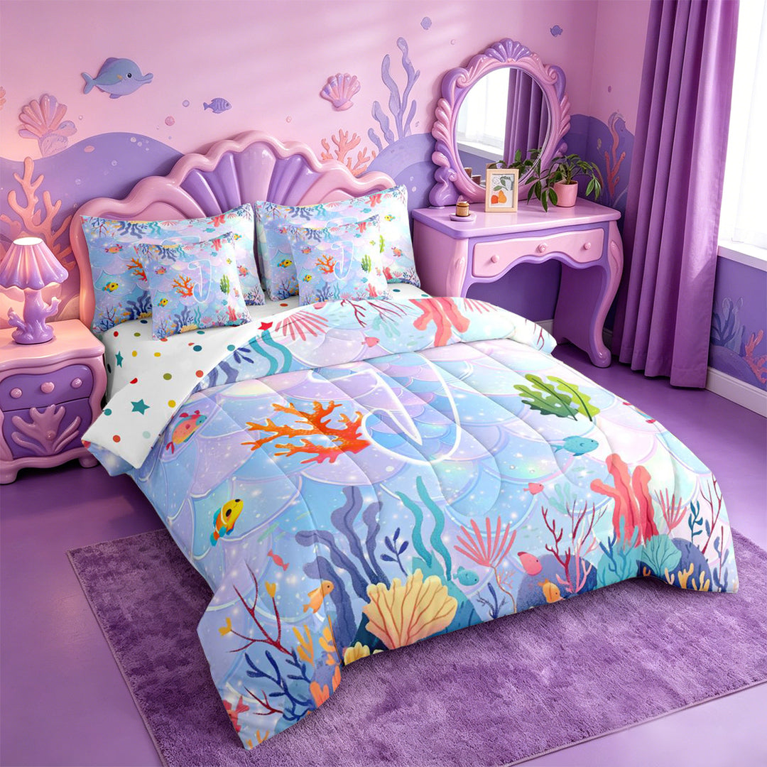 meiyoeat ocean Wave Texture 7 Pieces Full Size Bedding Sets,Watercolor Monogram J Full Size Bed in a Bag,Reversible