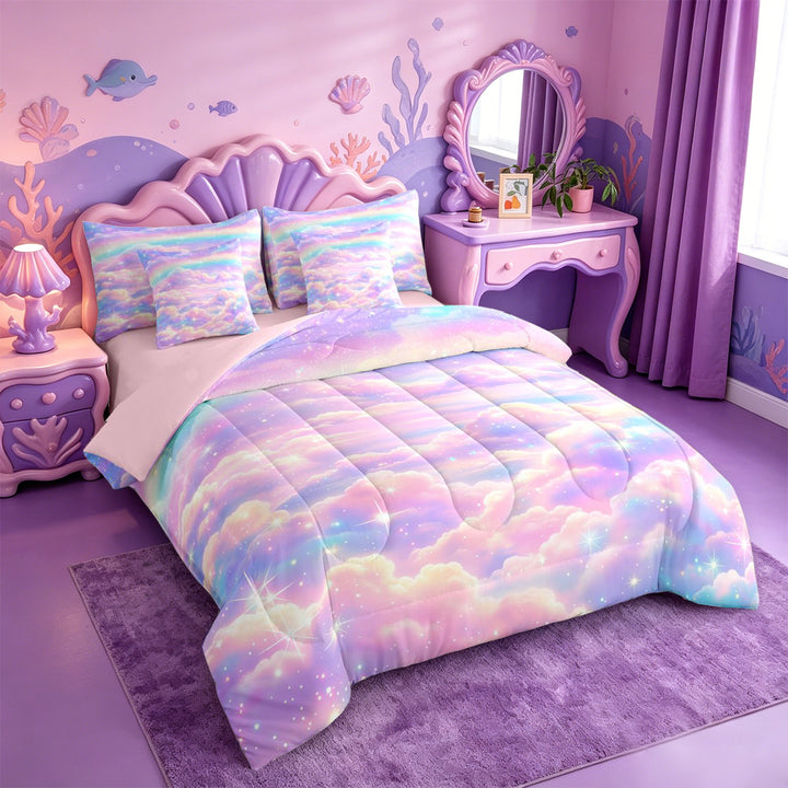 meiyoeat Pastel Cloud Star 7 Pieces Full Size Bedding Sets,Colorful Rainbow Pattern Full Size Bed in a Bag For Girl,Reversible