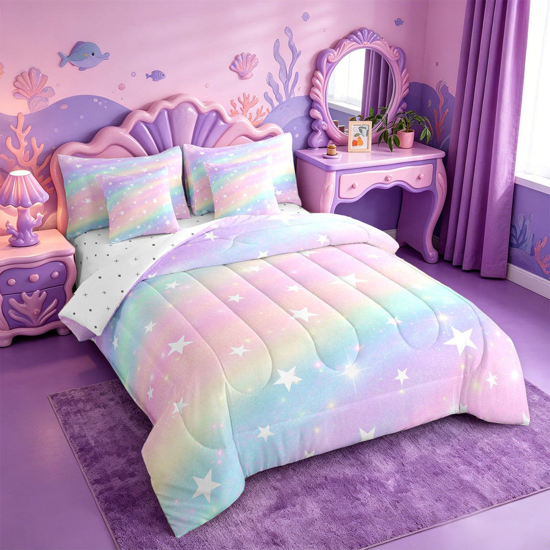 meiyoeat Colorful Gradient 7 Pieces Full Size Bedding Sets,Cute Rainbow Stars Print Full Size Bed in a Bag For Girl,Reversible