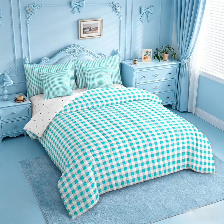 meiyoeat Geometric Plaid 7 Pieces Full Size Bedding Sets For Kids,Blue Classic Checkered Full Size Bed in a Bag For Boys,Reversible