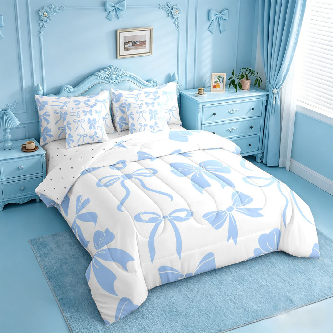 meiyoeat Blue Lovely Bow 7 Pieces Full Size Bedding Sets For Girls,Dreamy Princess Bowknot Full Size Bed in a Bag For Kids,Reversible