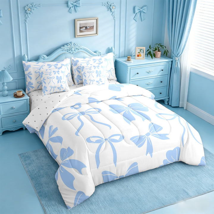 meiyoeat Blue Lovely Bow 7 Pieces Full Size Bedding Sets For Girls,Dreamy Princess Bowknot Full Size Bed in a Bag For Kids,Reversible