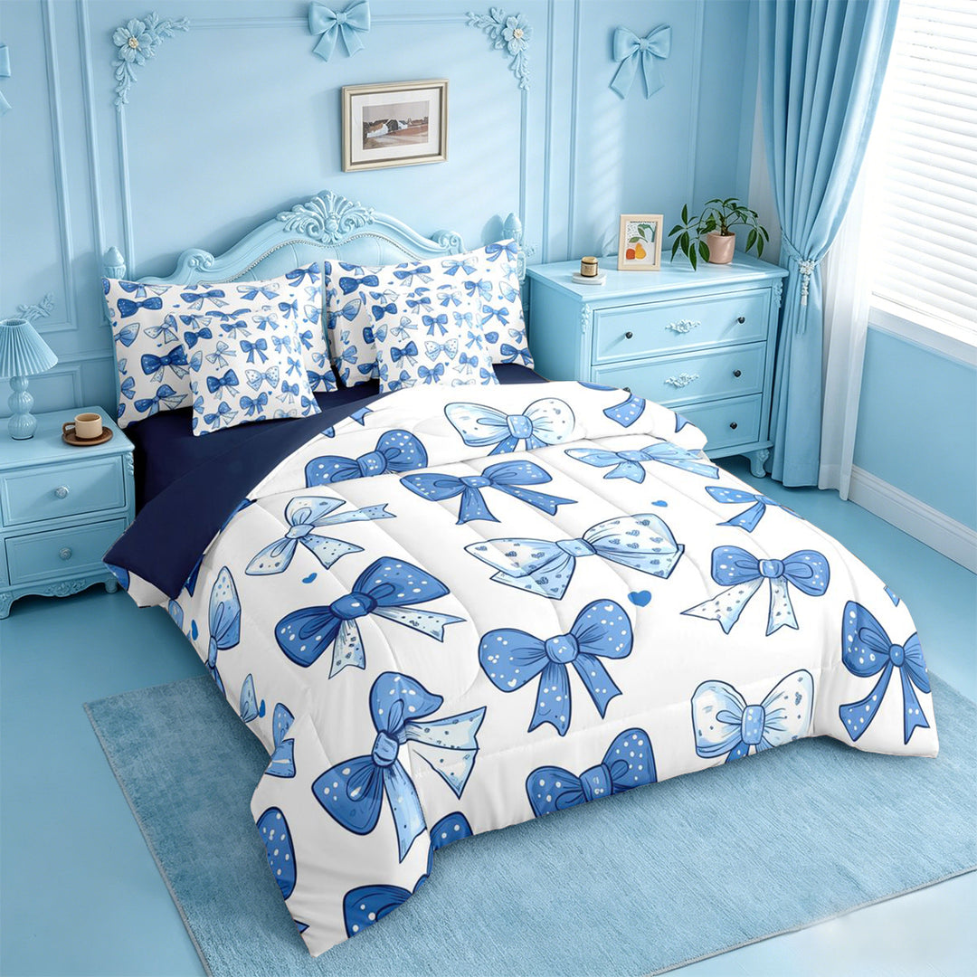 meiyoeat Polka Dots Bow 7 Pieces Full Size Bedding Sets For Girls,Vintage Cute Coquette Bowknot Full Size Bed in a Bag For Kids,Navy Blue Reversible