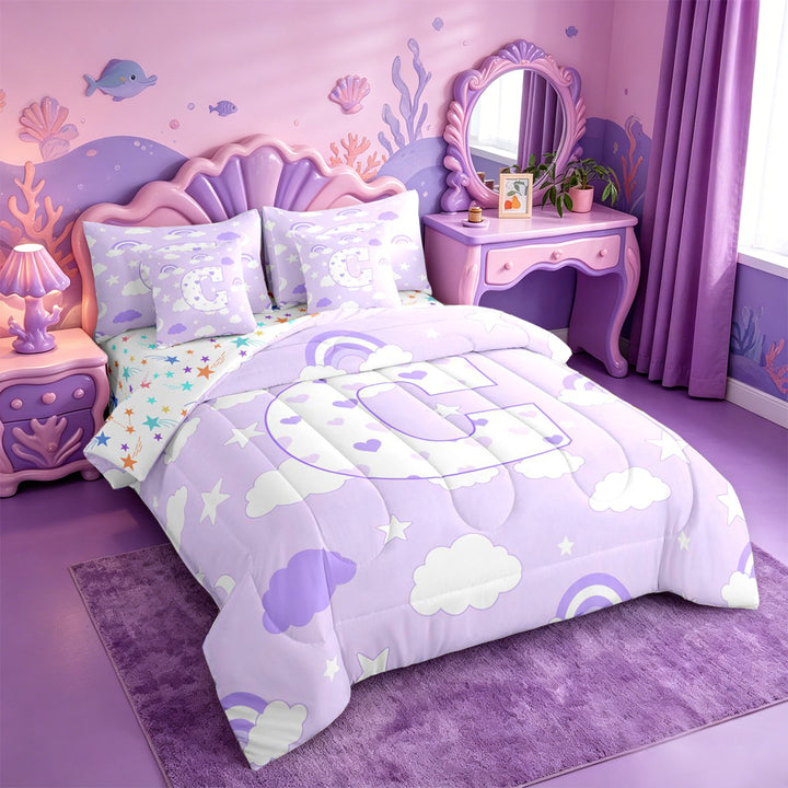 meiyoeat Purple Heart Monogrammed C 7 Pieces Full Size Bedding Sets,Rainbow Cloud Stars Letter Design Full Size Bed in a Bag For Girl,Colorful Stars Reversible