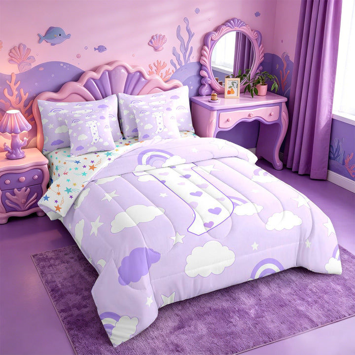 meiyoeat 3D Cartoon Heart Print 7 Pieces Full Size Bedding SetsPurple Initial Alphabet J Full Size Bed in a Bag For Girl,Colorful Stars Reversible