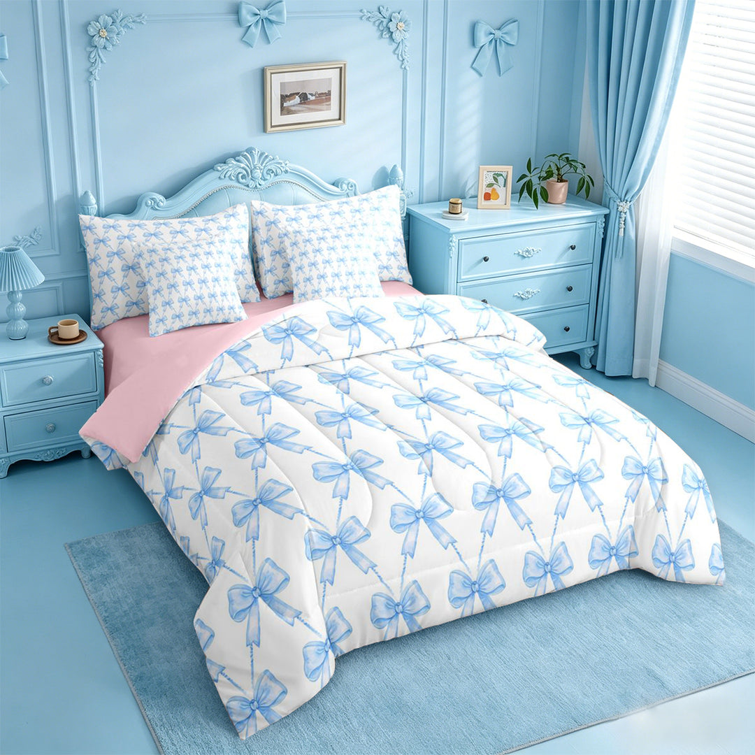 meiyoeat Blue Bowknot 7 Pieces Full Size Bedding Sets For Kids Girls,Cute Ribbon Bows Full Size Bed in a Bag For Bowtie Lovers,Reversible
