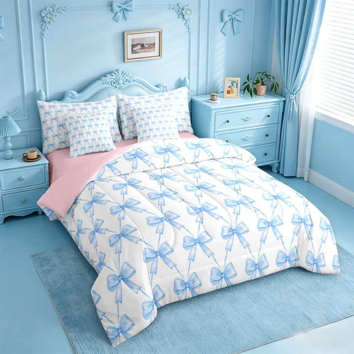 meiyoeat Blue Bowknot 7 Pieces Full Size Bedding Sets For Kids Girls,Cute Ribbon Bows Full Size Bed in a Bag For Bowtie Lovers,Reversible