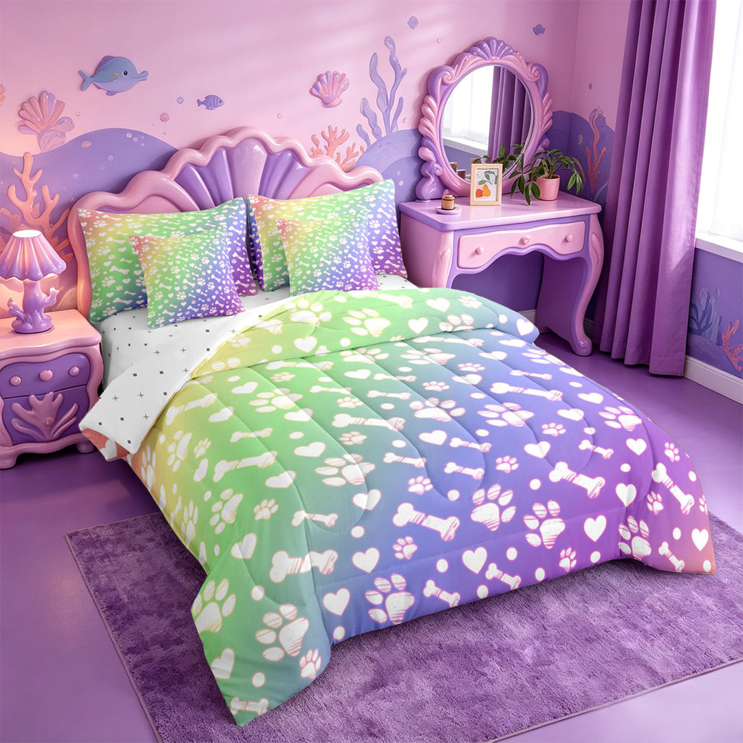 meiyoeat Rainbow Dog Paw Pattern 7 Pieces Full Size Bedding Sets,Cute Pet Print Full Size Bed in a Bag For Girl,Reversible