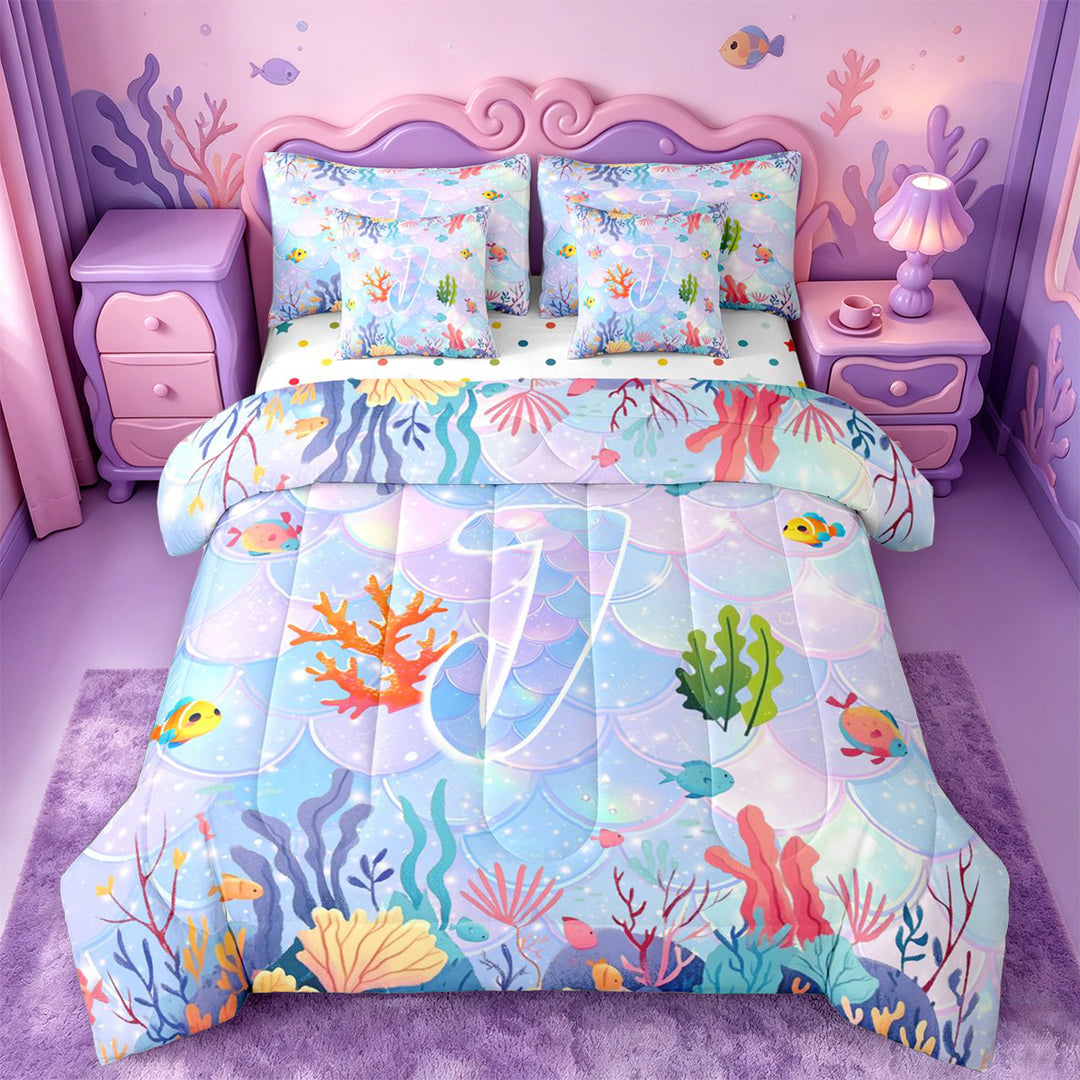meiyoeat ocean Wave Texture 7 Pieces Full Size Bedding Sets,Watercolor Monogram J Full Size Bed in a Bag,Reversible