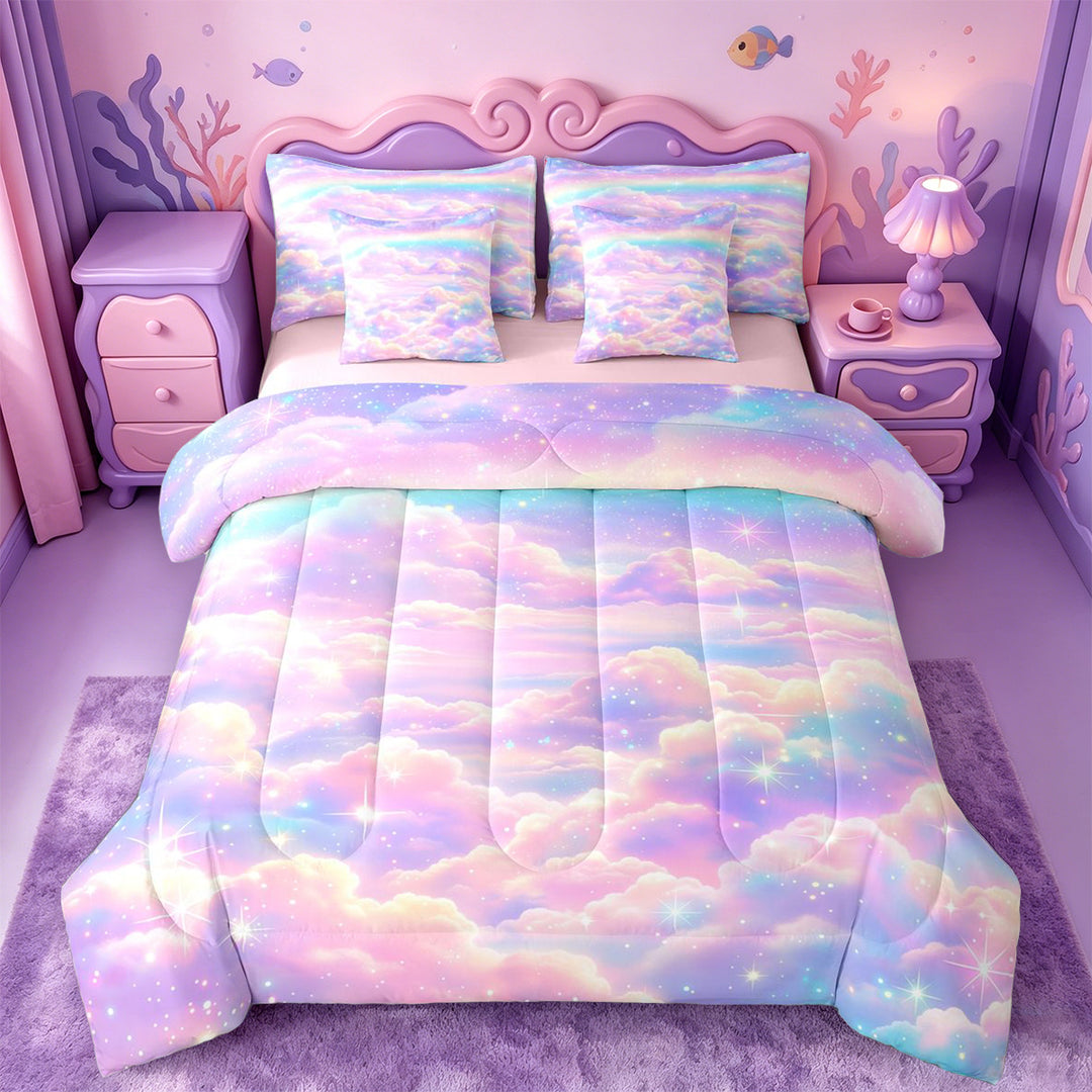 meiyoeat Pastel Cloud Star 7 Pieces Full Size Bedding Sets,Colorful Rainbow Pattern Full Size Bed in a Bag For Girl,Reversible
