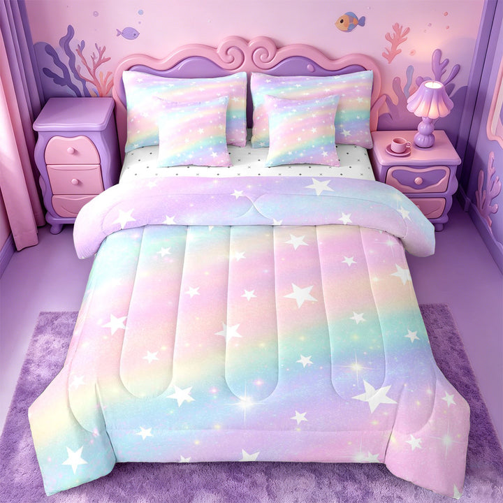 meiyoeat Colorful Gradient 7 Pieces Full Size Bedding Sets,Cute Rainbow Stars Print Full Size Bed in a Bag For Girl,Reversible